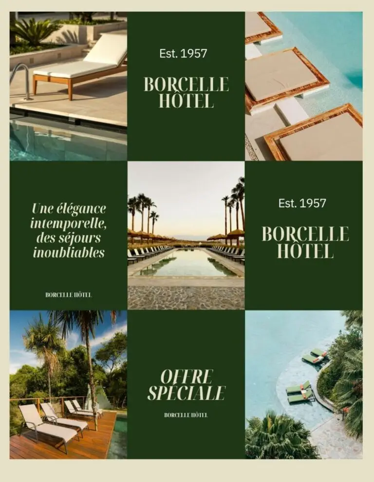 Grid layout marketing visual for Borcelle Hotel, featuring luxury pool areas, sun loungers, palm trees, and brand text.